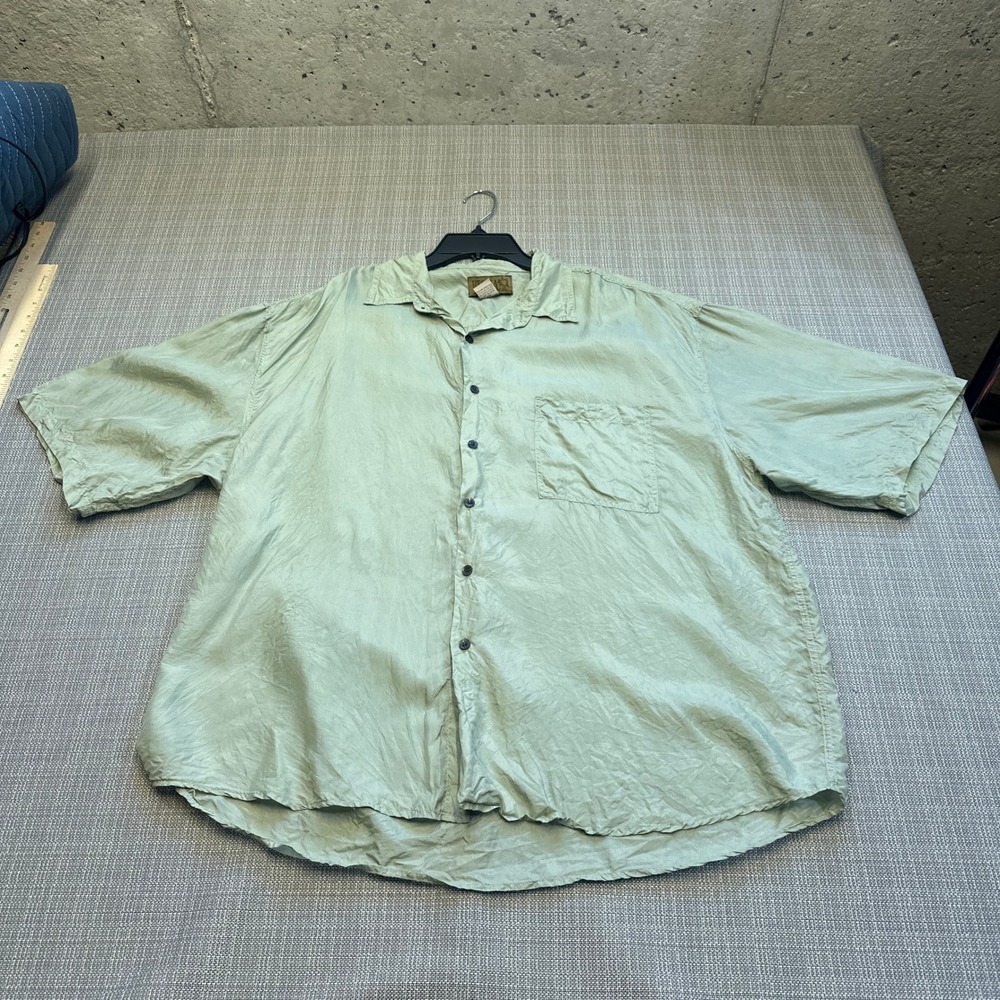 Silk Button Up Shirt Mens XL Green Relaxed Lightweight‎ Vacation Resort Casual